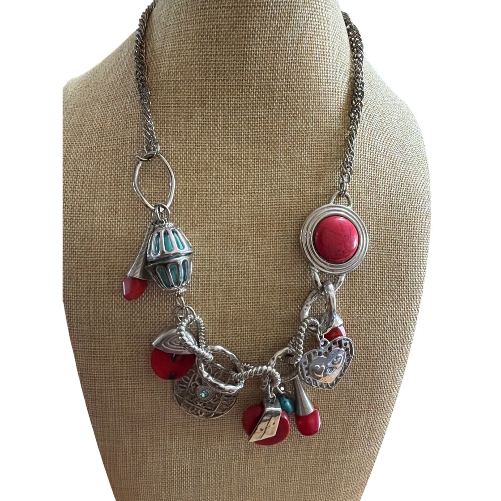 Boho Silver Tone Red‎ Stone Turquoise Multi Charm Statement Necklace  Festival